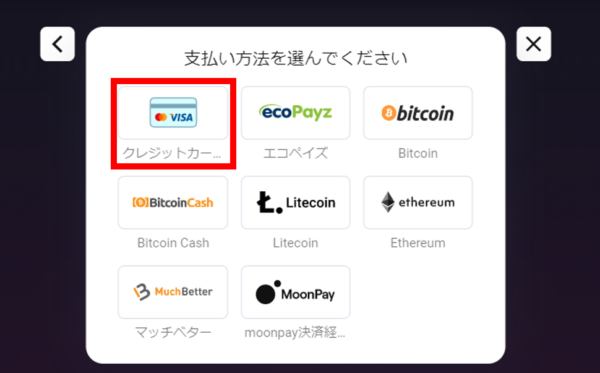 ビットスターズ 支払い方法選択画面