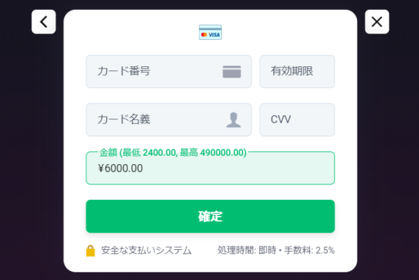 ビットスターズ クレジットカード情報入力画面