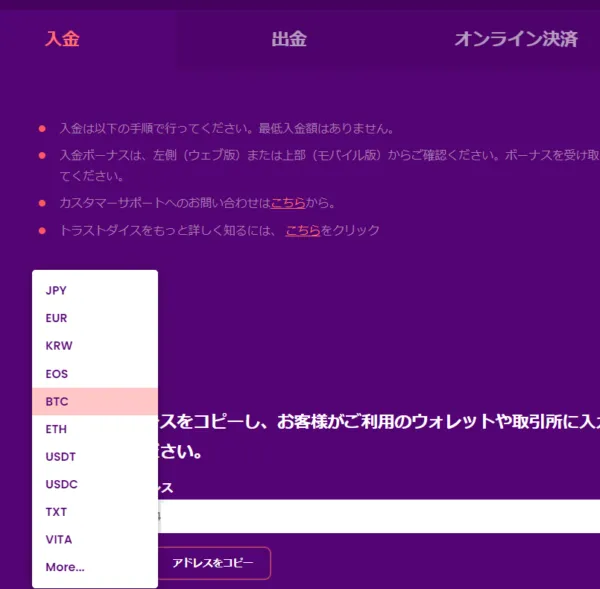 トラストダイス 入金画面
